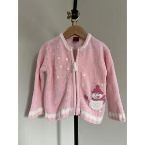Y2K Pink Knit Holiday Snowman Zip Up Cardigan Sweater